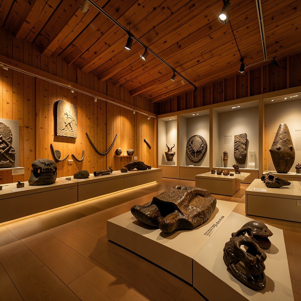 Modern museum interior in Jelling Denmark displaying ancient Viking artifacts with warm lighting and wooden interior 4:3
