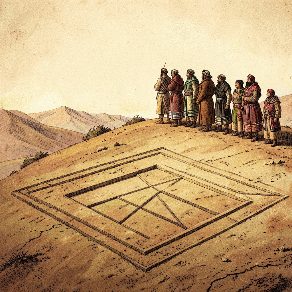 Ancient people in traditional Andean garments standing on a desert hilltop observing huge geometric lines on the ground below, historical illustration, artistic rendering, textured sandy background, warm natural lighting, no visible text, 4:3
