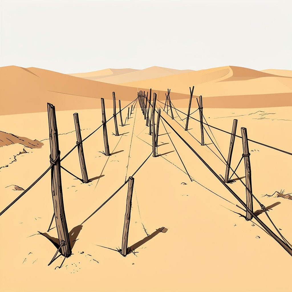 Illustration of ancient Peruvian engineers using wooden stakes and long ropes to create perfectly straight lines on desert ground, clean infographic style, modern layout, high contrast, historical cultural theme, no visible text, 1:1