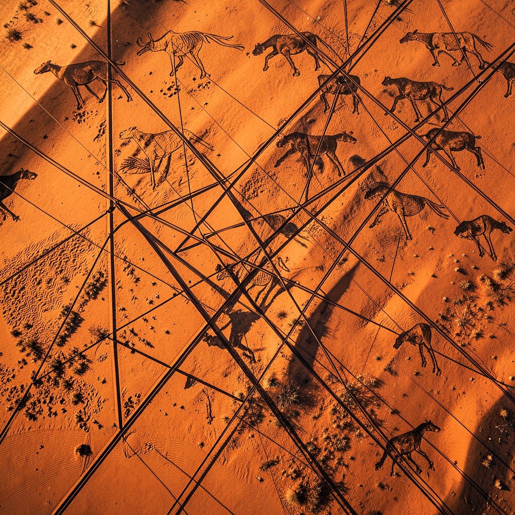 Aerial shot of overlapping geometric lines and animal geoglyphs in the desert showing complex intersections, review style photography, warm natural lighting, rich earth tones, no visible text, 1:1