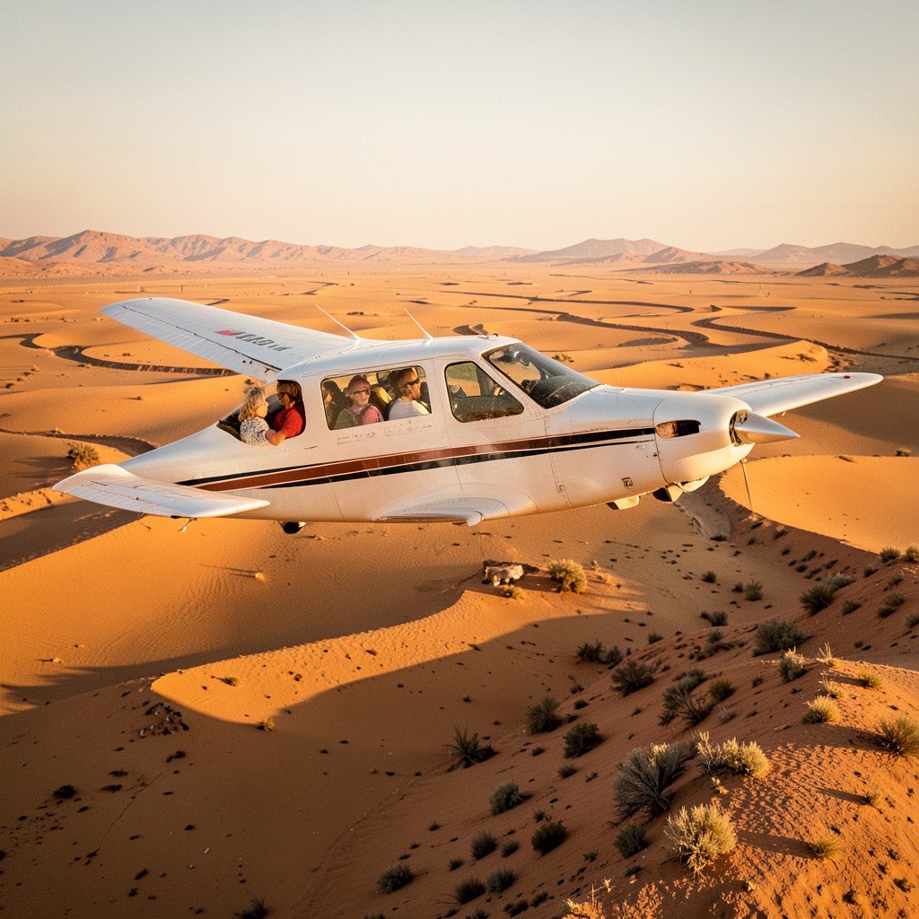 Small tourist Cessna plane flying over vast desert geoglyphs with tourists looking out windows, lifestyle photography, warm lighting, natural setting, adventurous mood, no visible text, 4:3