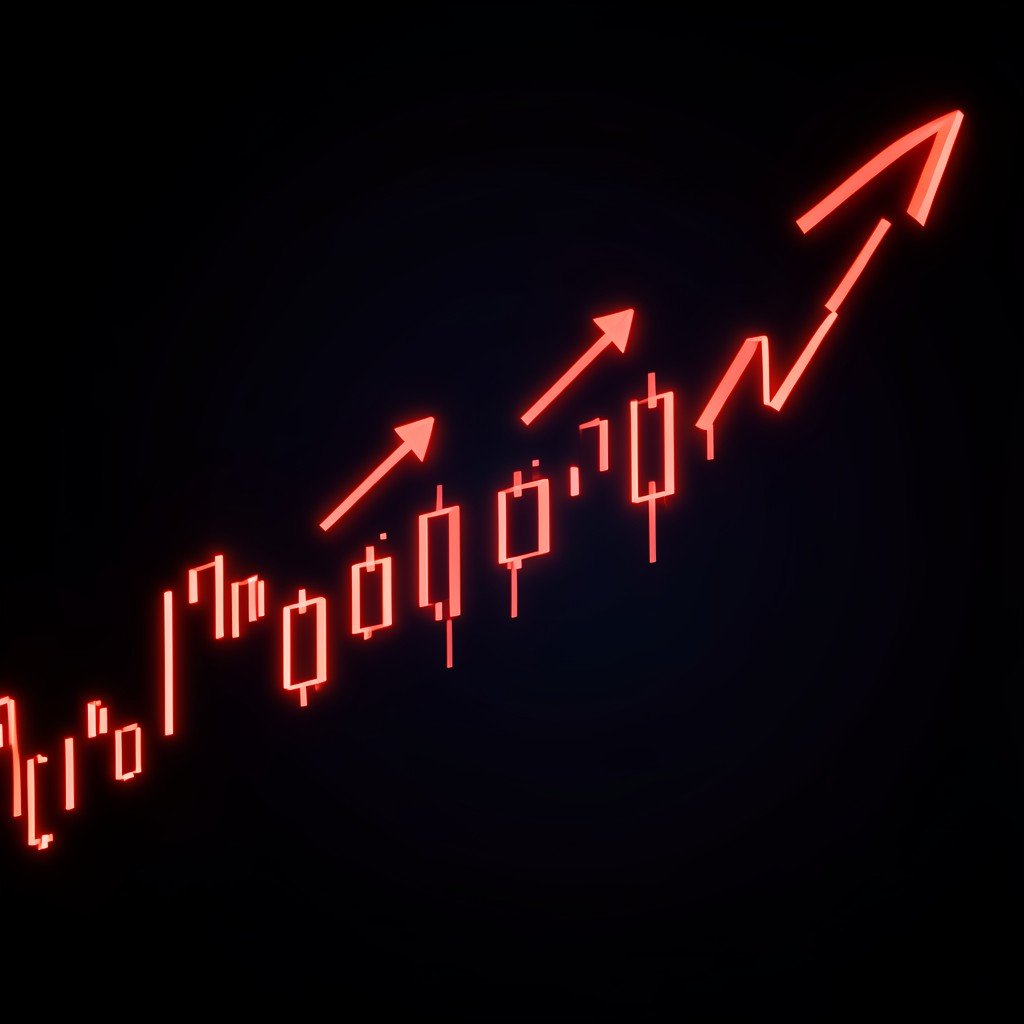 Abstract representation of a soaring stock market, red glowing digital numbers and upward arrows on a dark background, financial concept, modern and clean aesthetic, 4:3