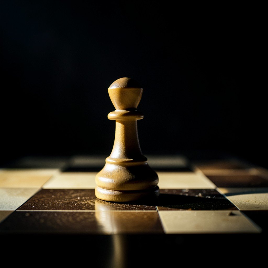 A single chess pawn moving forward on a chessboard, cinematic lighting, dark and moody background, strategic business concept, high contrast, 1:1