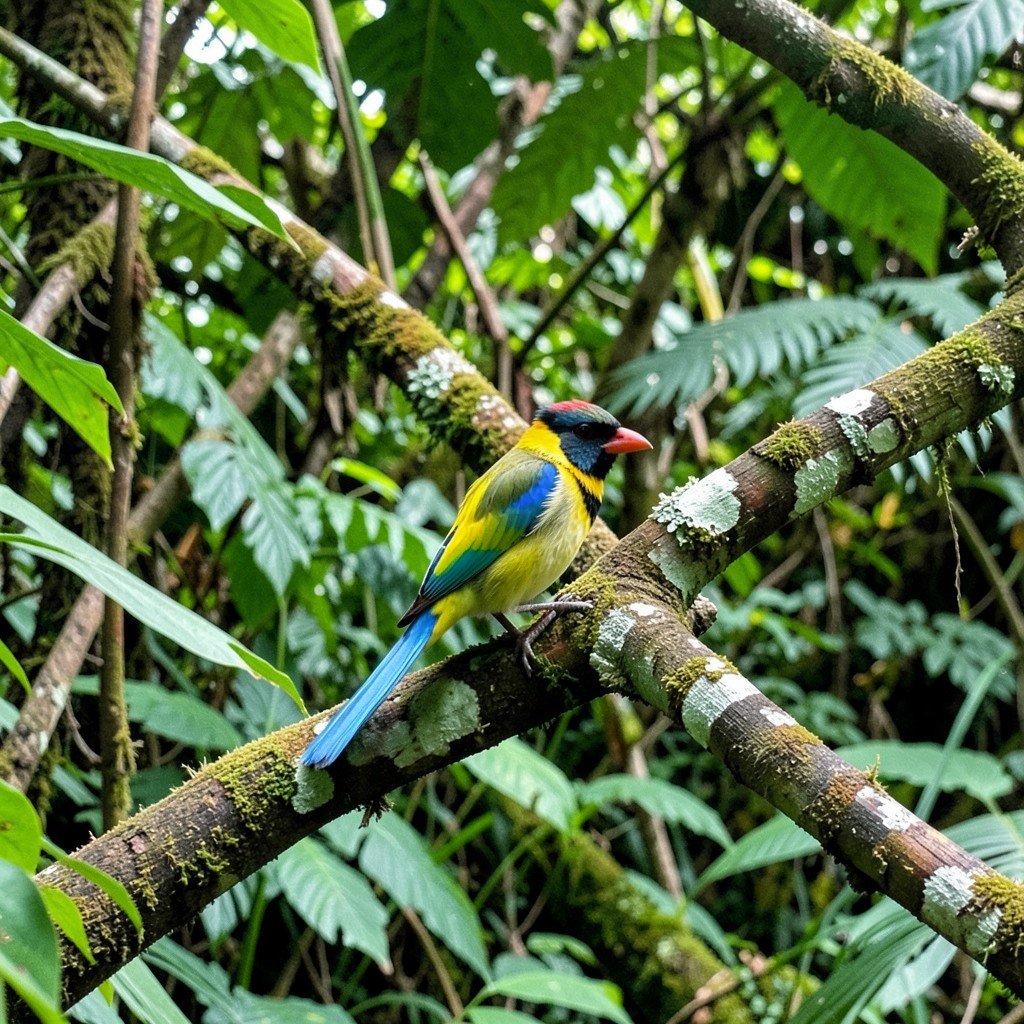 Rare tropical wildlife in Los Katios National Park, colorful bird on a branch, lush jungle background, no text, 1:1