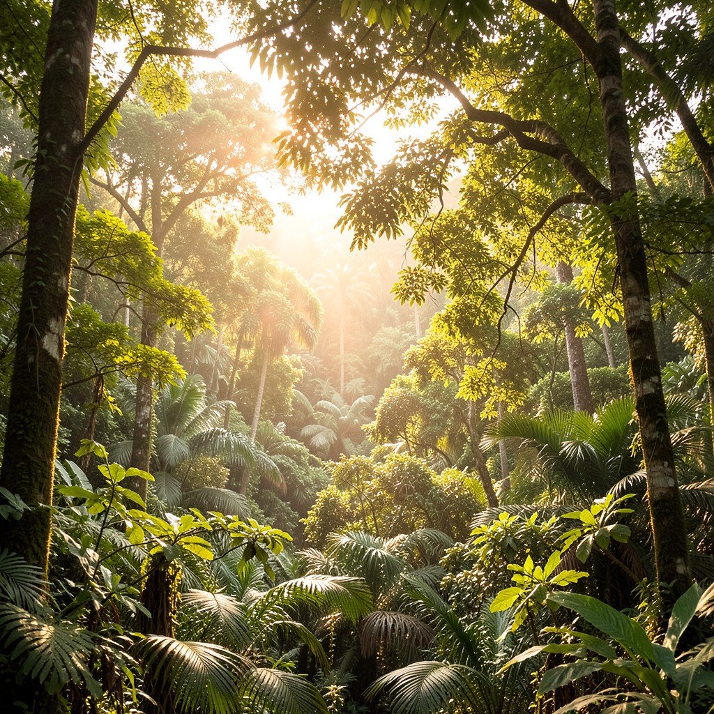 Peaceful afternoon sunlight over the tropical rainforest canopy of Los Katios National Park, warm lighting, serene atmosphere, no text, 16:9