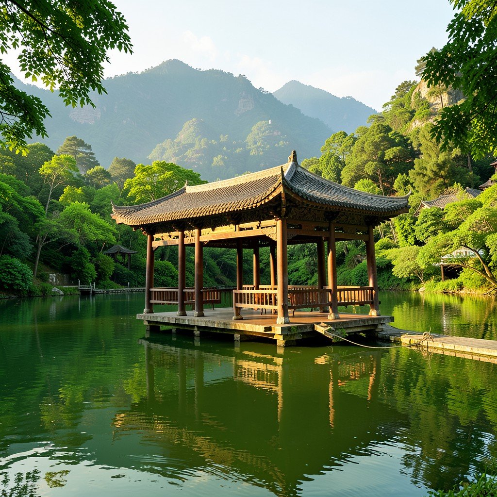 A serene traditional Chinese pavilion integrated with lush green nature and a calm lake inside Chengde Mountain Resort, warm morning light, no people, no text, aspect ratio 4:3