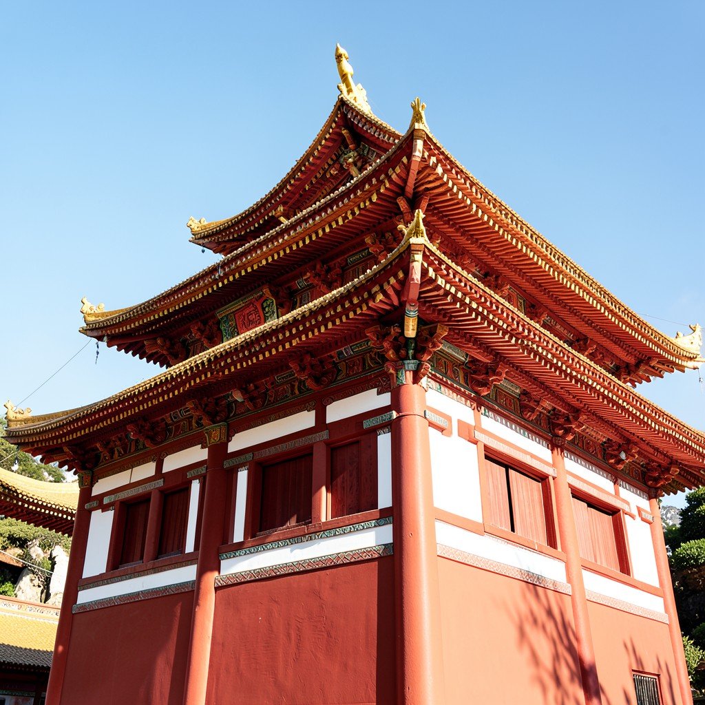 A magnificent Tibetan Buddhist style temple with red and white walls and golden roof under bright afternoon sunlight in Chengde, architectural detail, cultural heritage, no people, no text, aspect ratio 4:3
