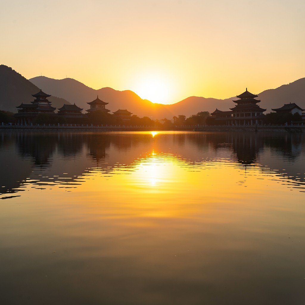 A breathtaking sunset over a large calm lake in Chengde Mountain Resort with traditional Chinese architecture silhouettes reflected in the water, warm golden hour lighting, no people, no text, aspect ratio 4:3