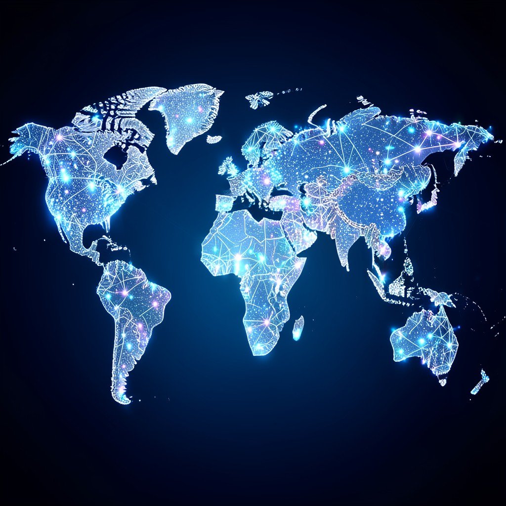 Secure decentralized network nodes glowing across a globe, dark blue background, no text, informational style, 4:3