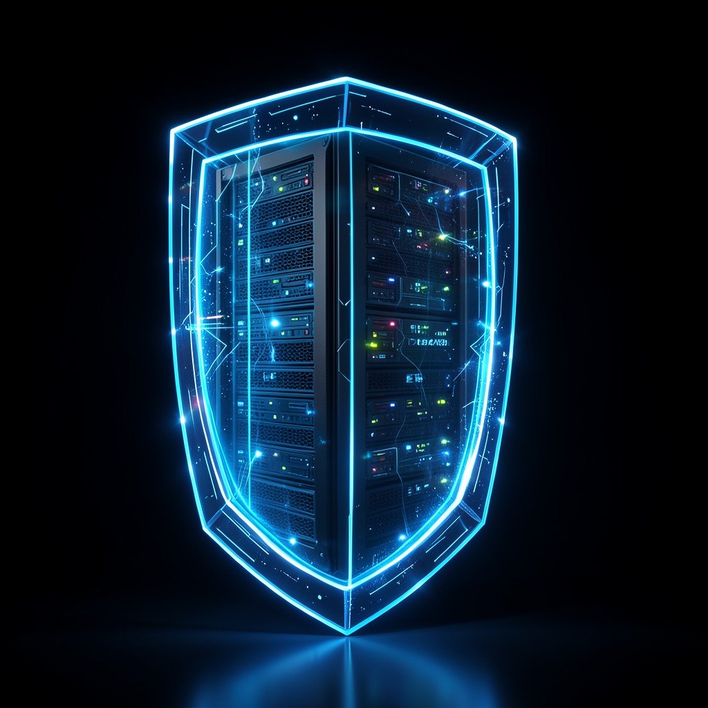 Futuristic AI shield protecting servers from cyber attacks, glowing blue lights, dark background, no text, 1:1
