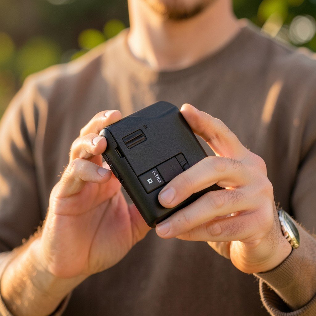 Person holding a hardware wallet device in hands, warm lighting, natural setting, lifestyle photography, no text, 4:3