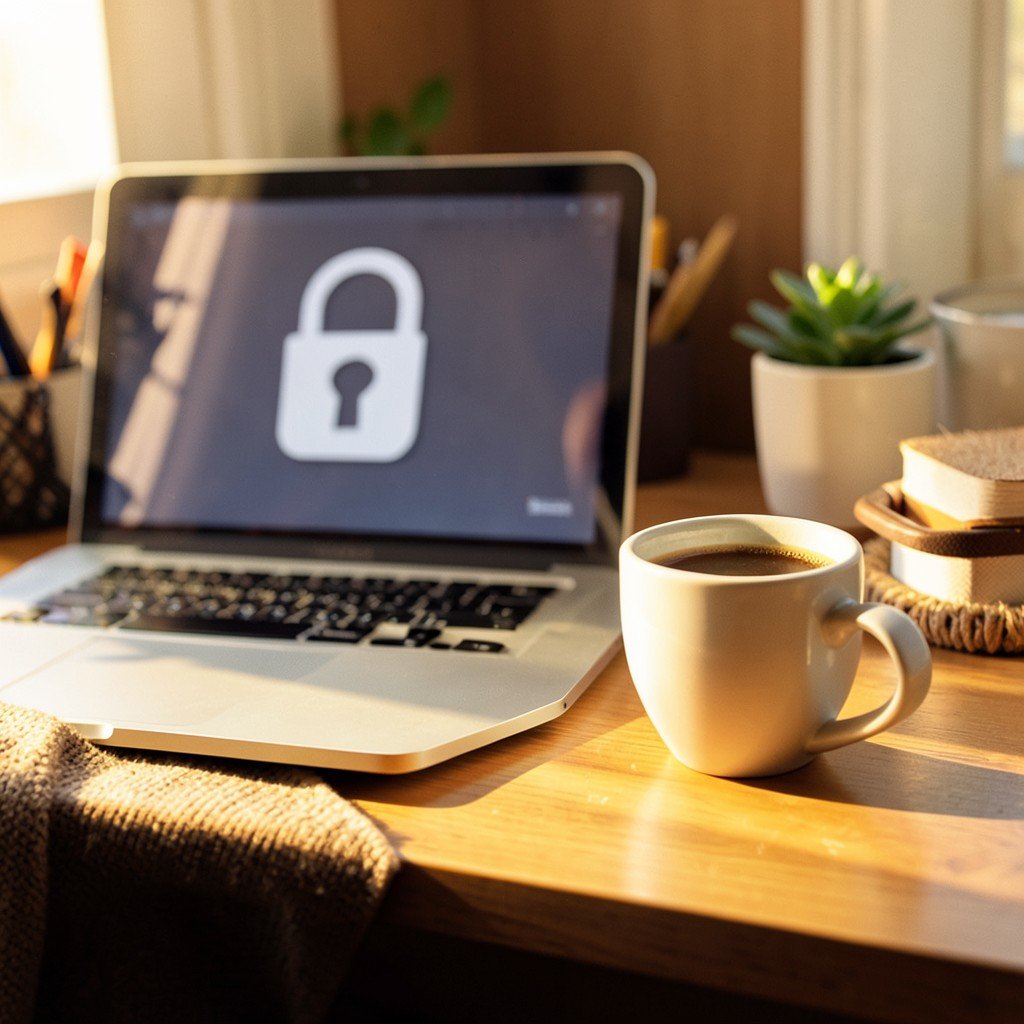 Cup of coffee next to a laptop showing a padlock icon, cozy desk setup, warm afternoon light, no text, lifestyle photography, 1:1