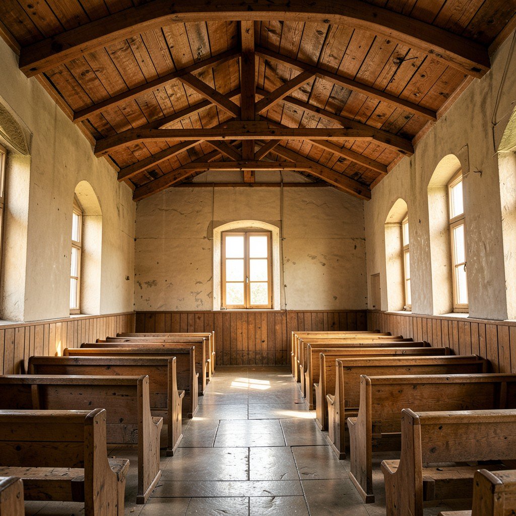 Interior of Petajavesi Old Church wooden ceiling and pews warm natural light no text aspect ratio 4:3