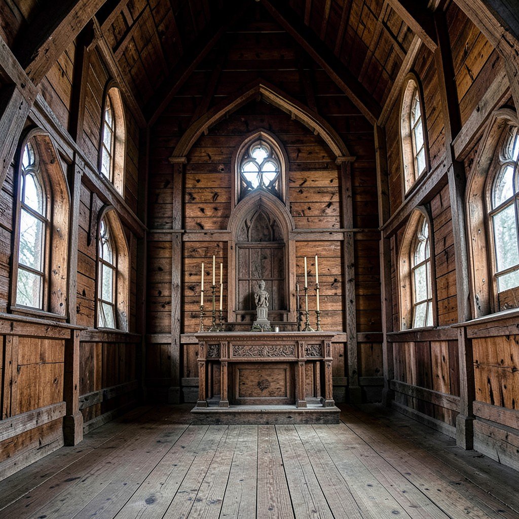 Altar and arched windows inside Petajavesi Old Church Finland wooden architecture no text aspect ratio 1:1