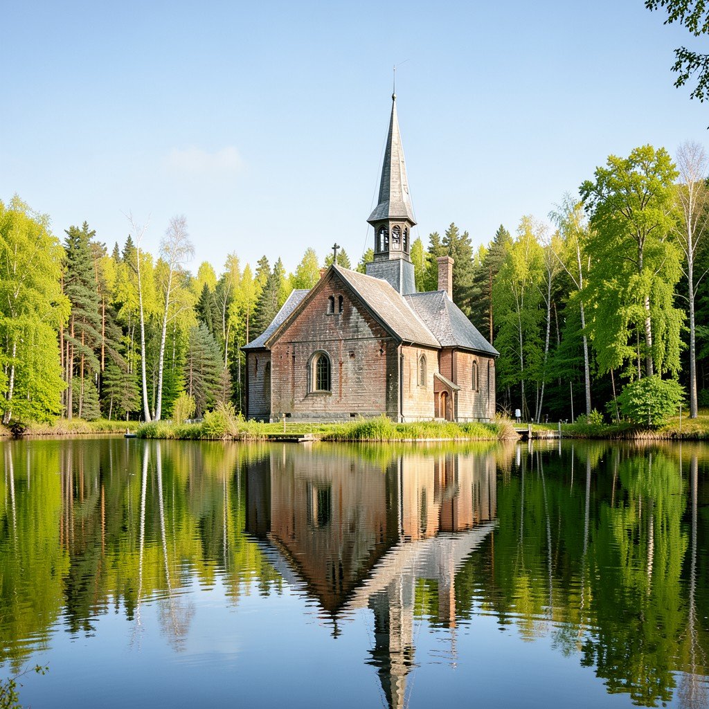 Petajavesi Old Church near a calm lake surrounded by Finnish summer forest no text aspect ratio 4:3