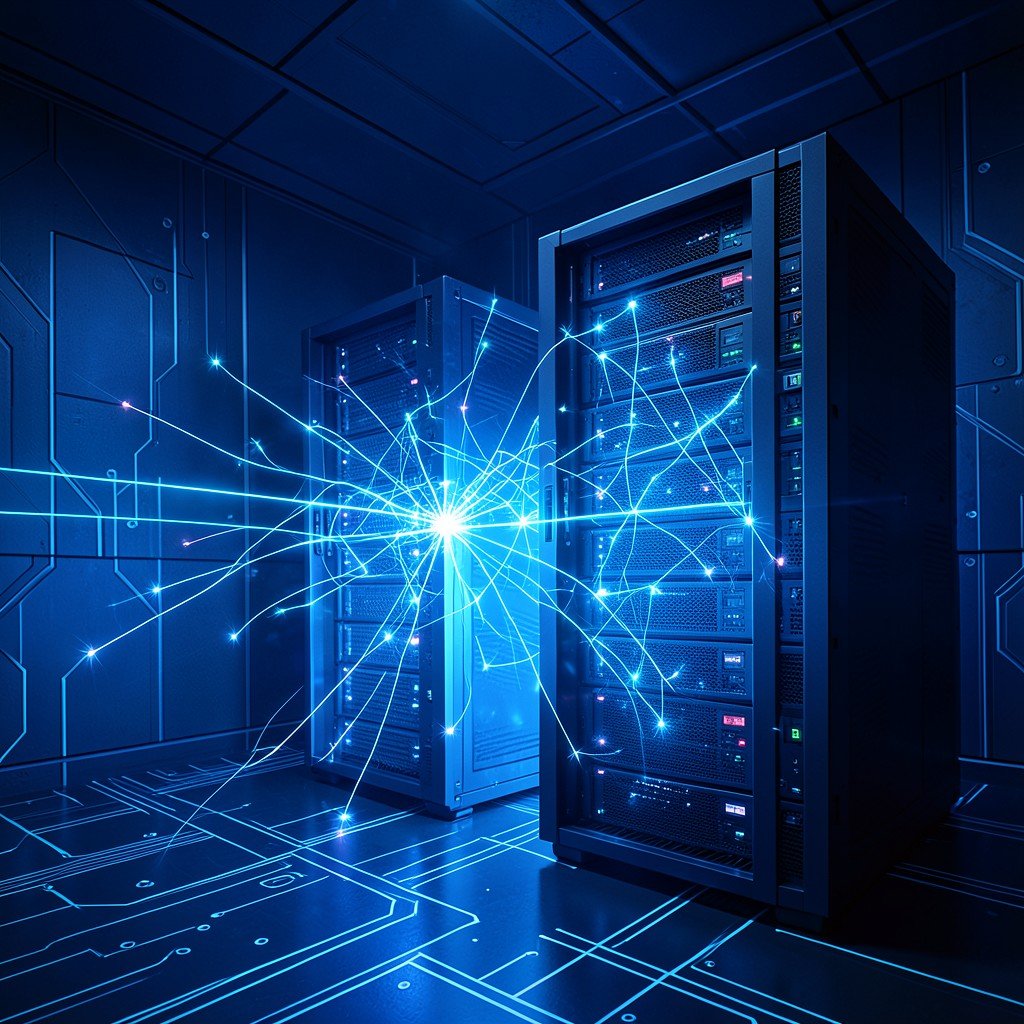 Concept of network server overload glowing server racks in a dark blue tech room digital network lines no text 1:1