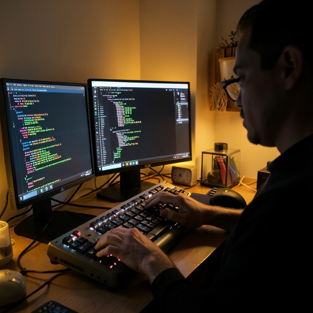 A developer typing on a mechanical keyboard looking at code on dual monitors cozy room setup night lighting no korean text 1:1