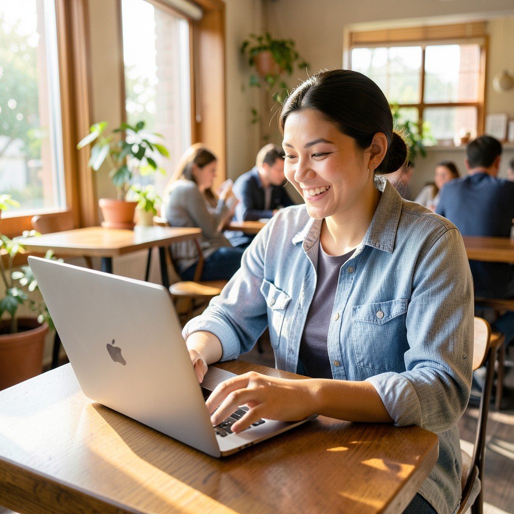 A person happily resuming work on a laptop in a bright coffee shop relaxed atmosphere sunlight 1:1