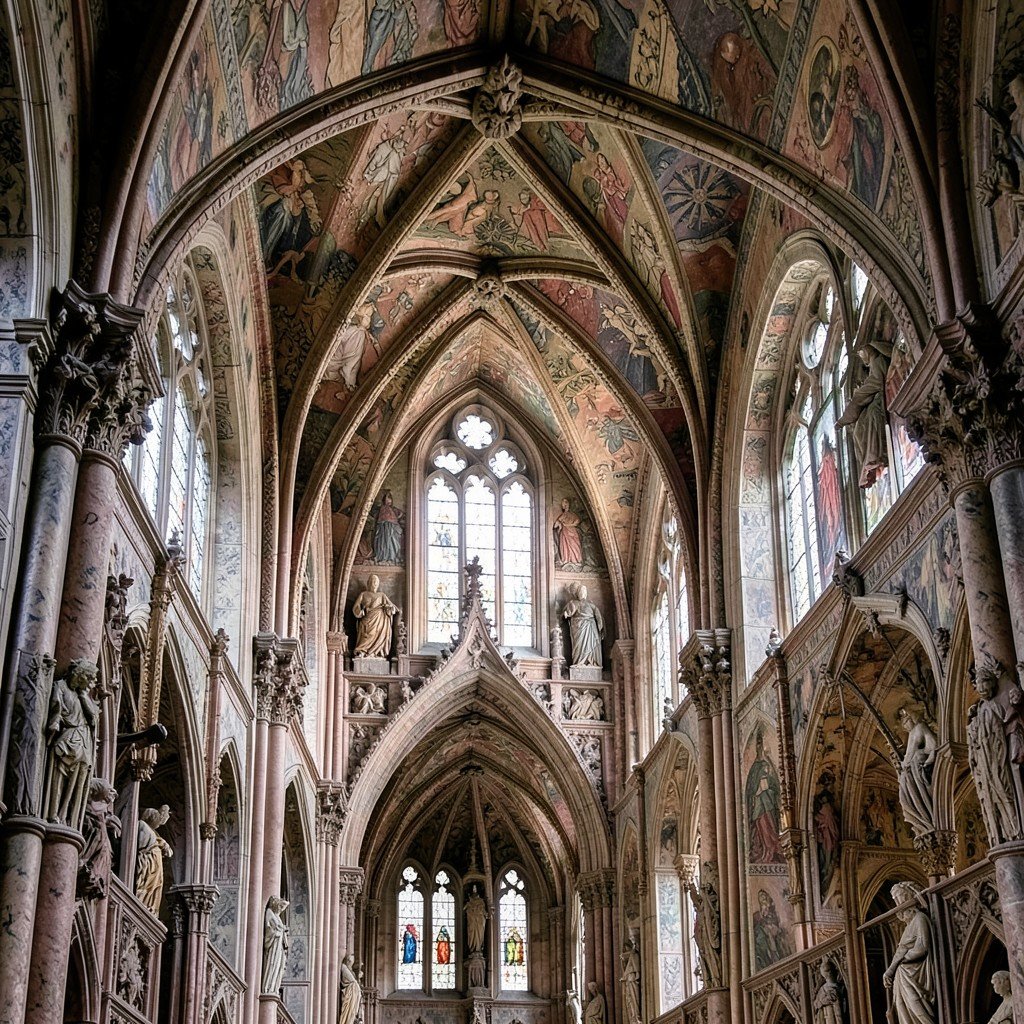 Cloister of Pilgrimage Church of St John of Nepomuk, star-shaped corridor, baroque gothic architecture details, arched windows, no text, aspect ratio 1:1