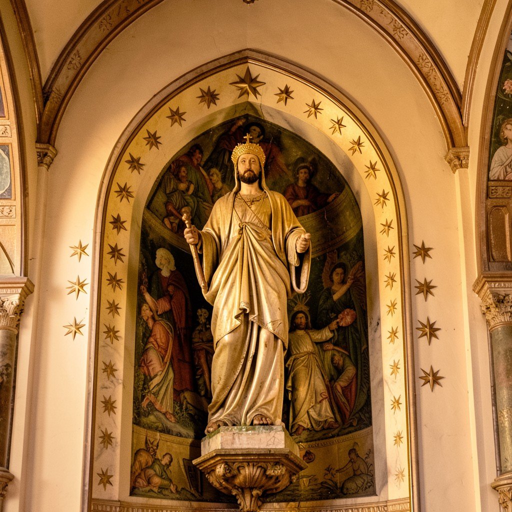 Interior of Pilgrimage Church of St John of Nepomuk, statue of Saint John of Nepomuk, five stars decoration, religious artwork, warm lighting, no text, aspect ratio 1:1