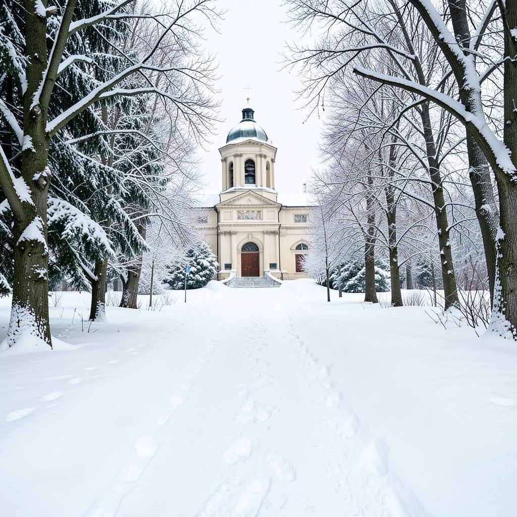 Snowy path leading up to Pilgrimage Church of St John of Nepomuk, winter landscape, trees on both sides, footprints on snow, no text, aspect ratio 1:1