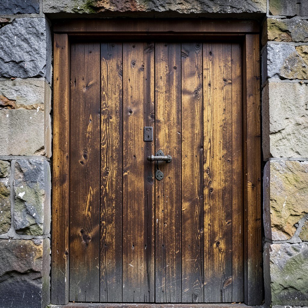 Closed wooden door of Pilgrimage Church of St John of Nepomuk, old metal handle, stone wall background, quiet atmosphere, no text, aspect ratio 1:1