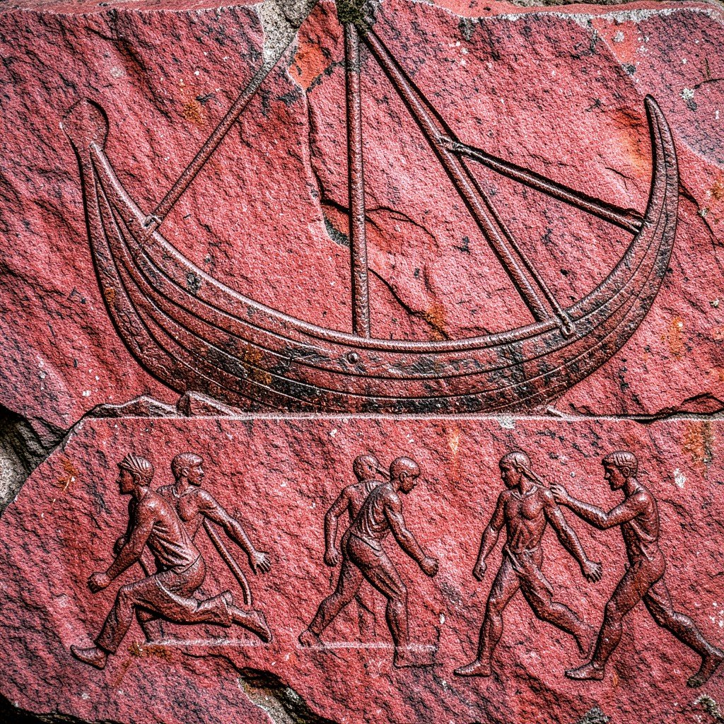 Close up illustration of bronze age boat and human figures petroglyphs carved into red Swedish granite, detailed ancient carvings, history and culture illustration style, textured stone background, no text, aspect ratio 1:1