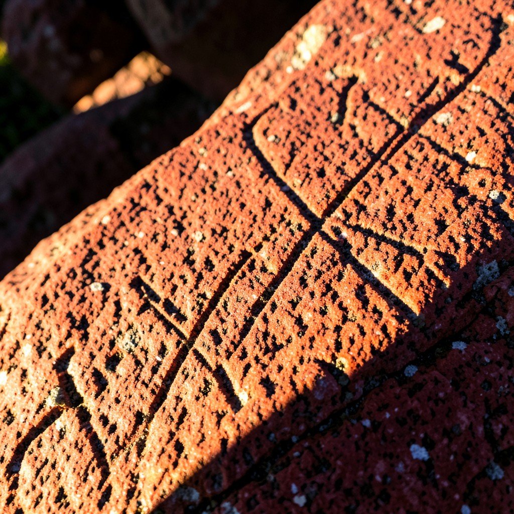 Red granite rock surface glowing under sunlight in Tanum Sweden, showing ancient petroglyphs, warm natural lighting, historical cultural illustration, rich textured background, no text, aspect ratio 1:1