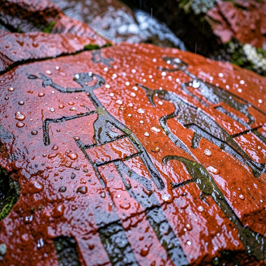 Ancient petroglyphs on a wet red rock surface after rain, water droplets highlighting the carved bronze age figures, Tanum rock carvings, soft natural lighting, cultural illustration, no text, aspect ratio 4:3