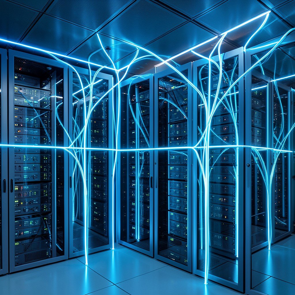 Modern futuristic data center illuminated by bright blue glowing fiber optic cables connecting AI servers representing AI networking tailwinds clean high contrast lighting no text aspect ratio 4:3