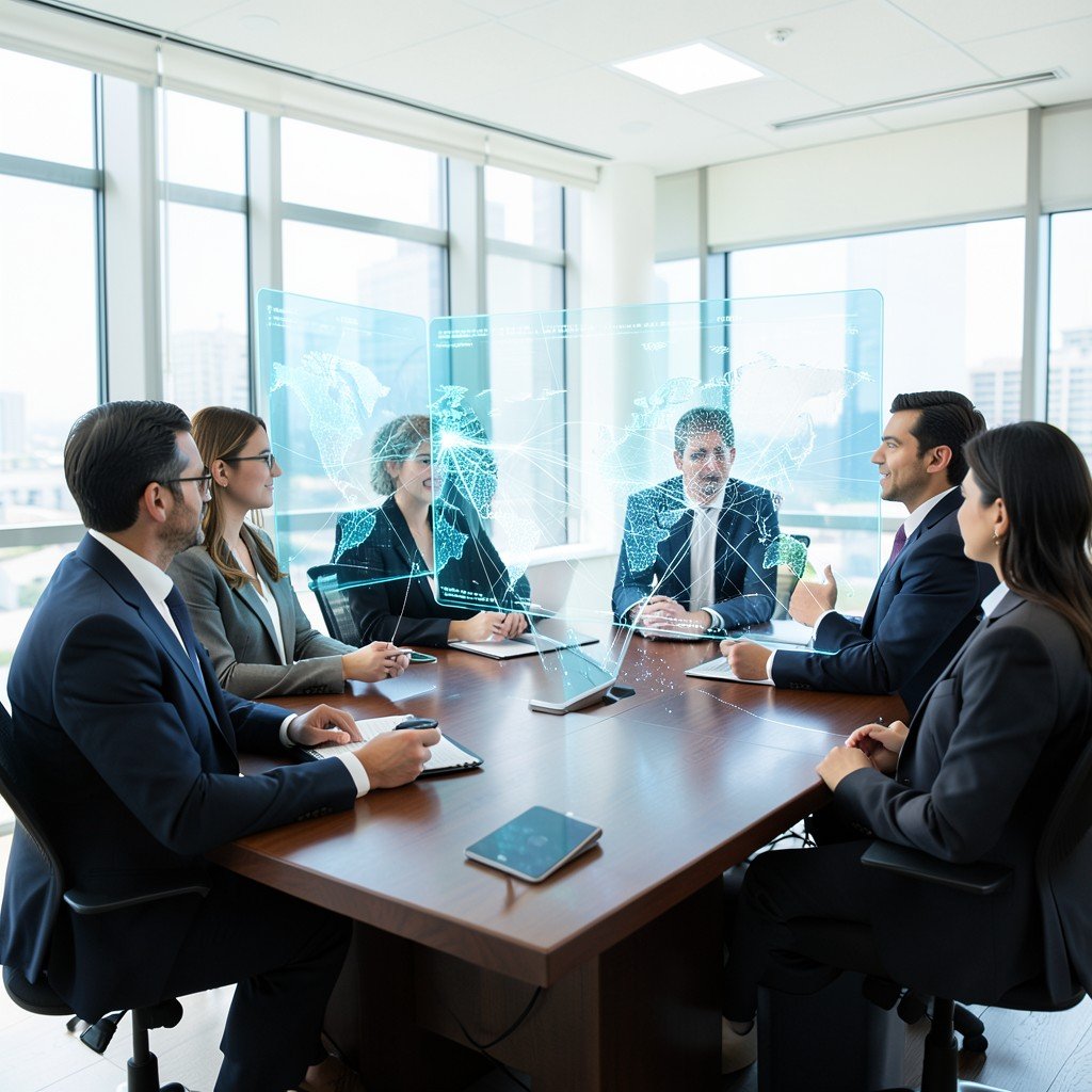 Modern corporate boardroom with a new management team looking at futuristic holographic maps of fiber networks bright natural lighting business setting no text aspect ratio 1:1