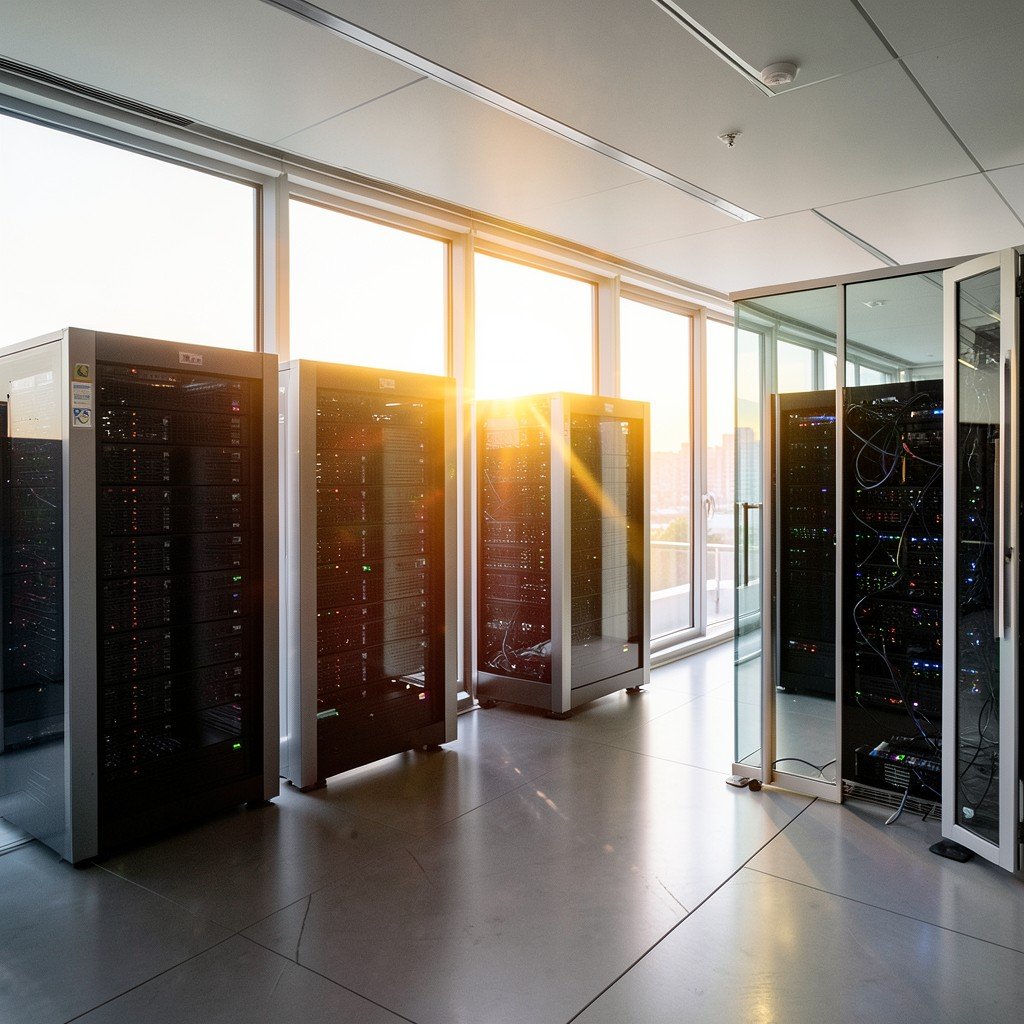 Sunrise illuminating a bright modern server room through large windows symbolizing a new beginning and future growth for a telecom company warm lighting high contrast no text aspect ratio 4:3