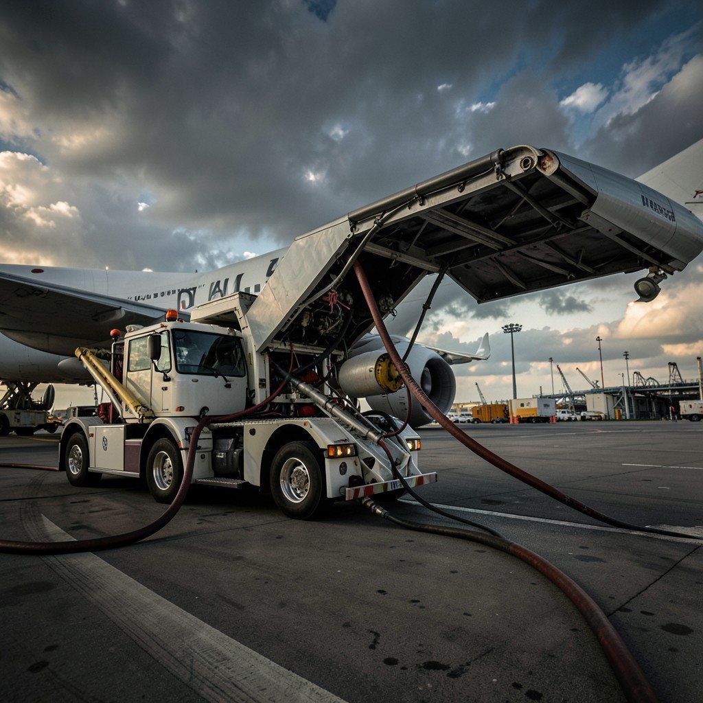 Close up of an airplane refueling truck at an airport, industrial scene, no text, cinematic shot, fuel hose connected to a large aircraft, dramatic sky, aspect ratio 1:1