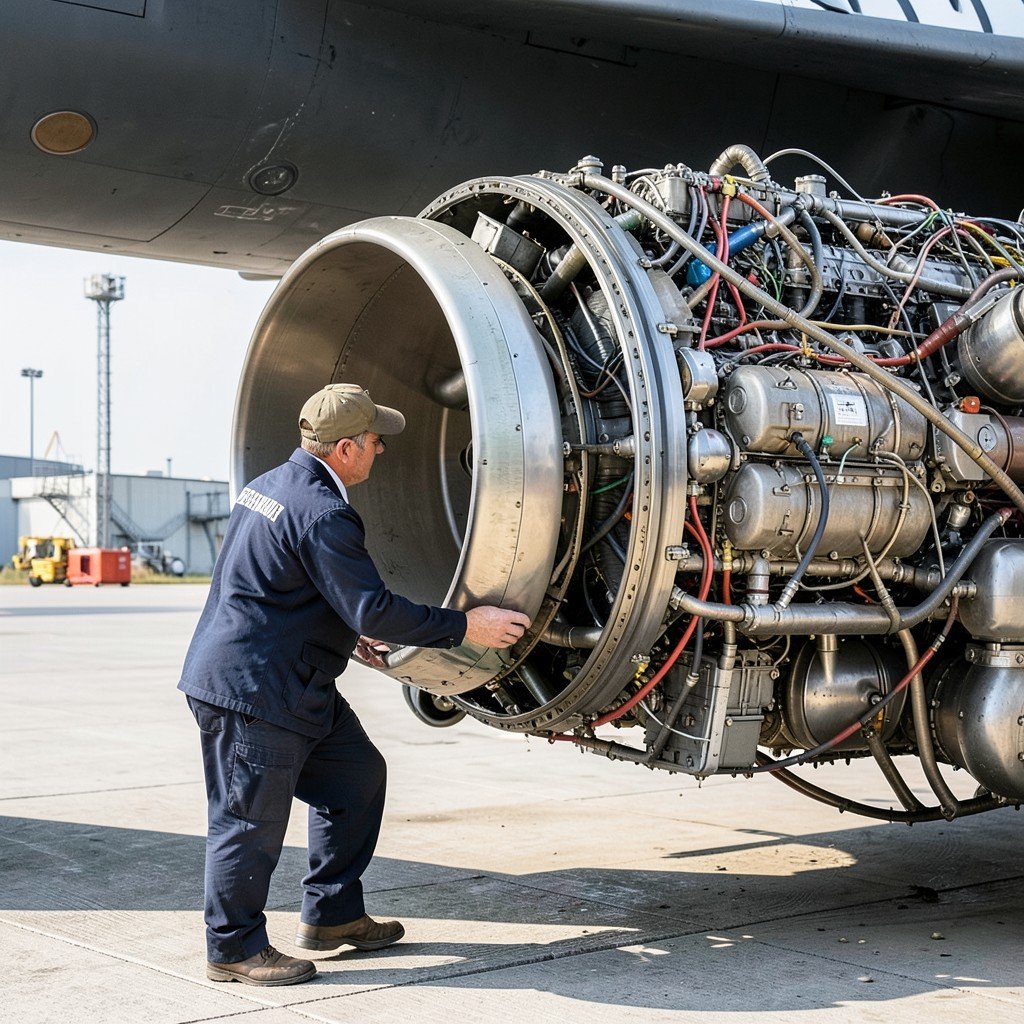 An airplane mechanic inspecting a jet engine under an aircraft, detailed engine parts, industrial airport setting, focused worker, no text, daylight, aspect ratio 4:3
