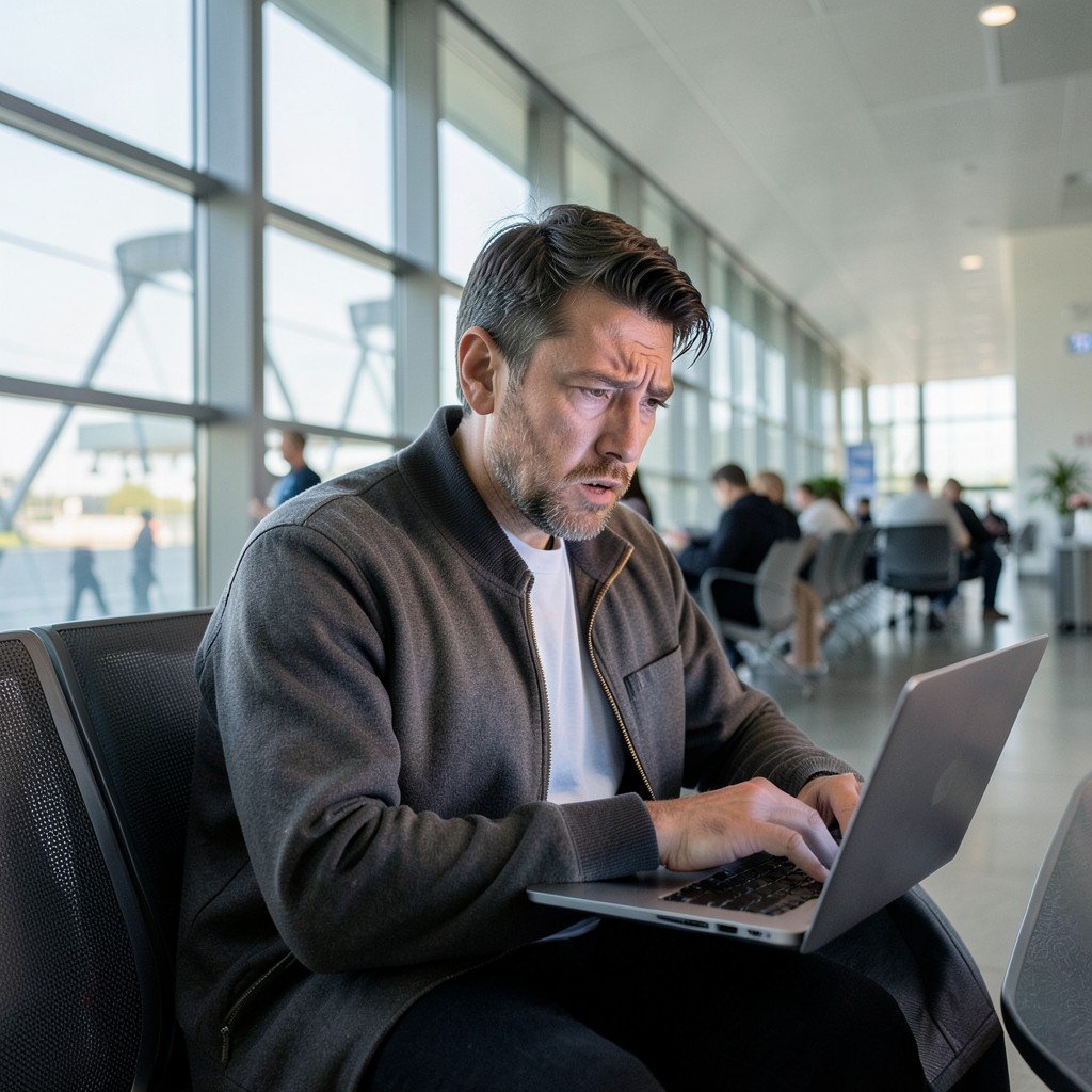 A traveler sitting in an airport terminal checking a laptop, worried expression, modern airport interior, soft natural lighting, no text, realistic style, aspect ratio 1:1