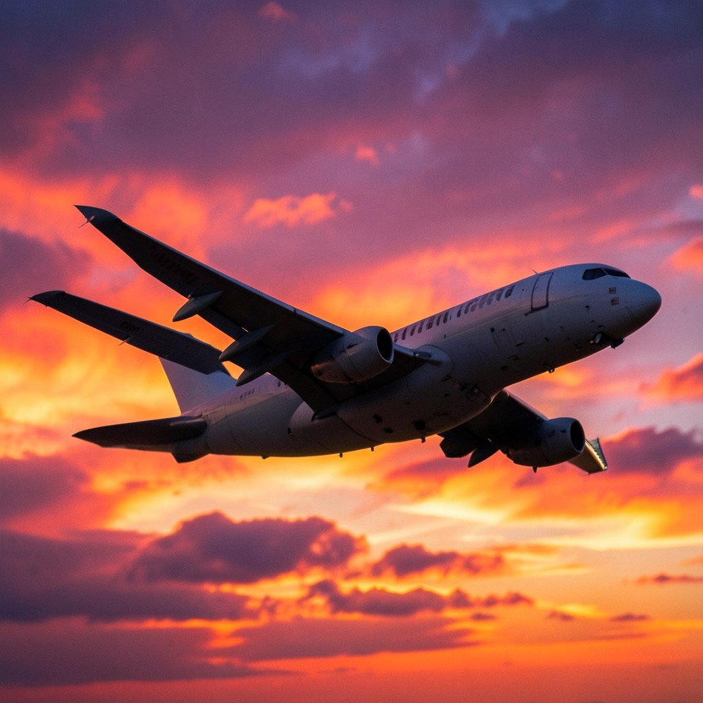 A passenger airplane taking off against a beautiful sunset sky, dynamic angle, hopeful yet uncertain mood, no text, cinematic color grading, aspect ratio 4:3