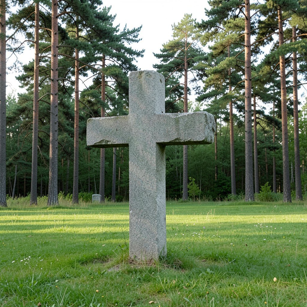 A large granite cross standing alone on an open green meadow surrounded by tall pine trees, Skogskyrkogården cemetery, soft natural lighting, peaceful atmosphere, no text, aspect ratio 1:1