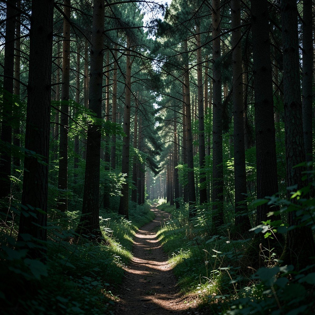 A quiet narrow path winding through a dense Nordic pine forest, dappled sunlight on the ground, deep green foliage, tranquil and mysterious mood, no people, no text, aspect ratio 4:3