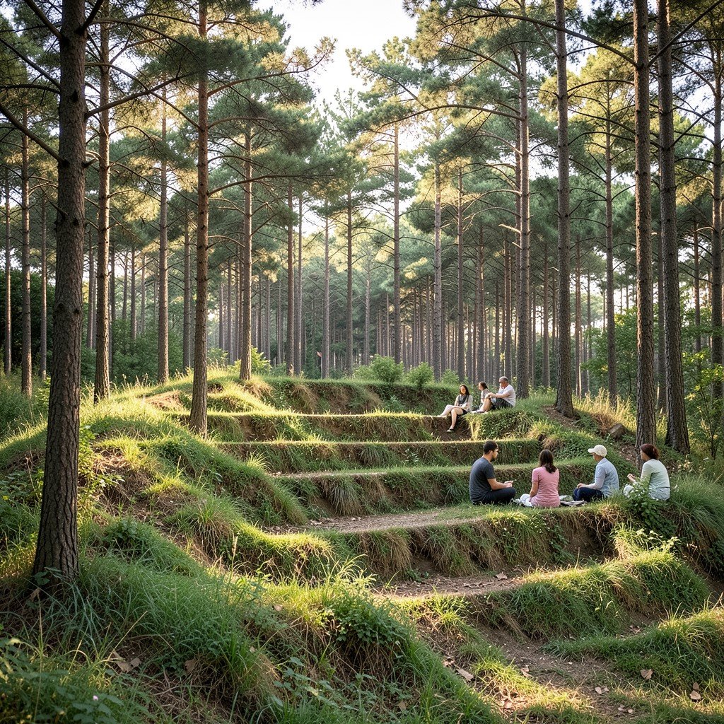 Grass-covered terraced steps built into a small hill in a pine forest, people sitting quietly and looking at the woods, soft sunlight, natural setting, no text, aspect ratio 1:1