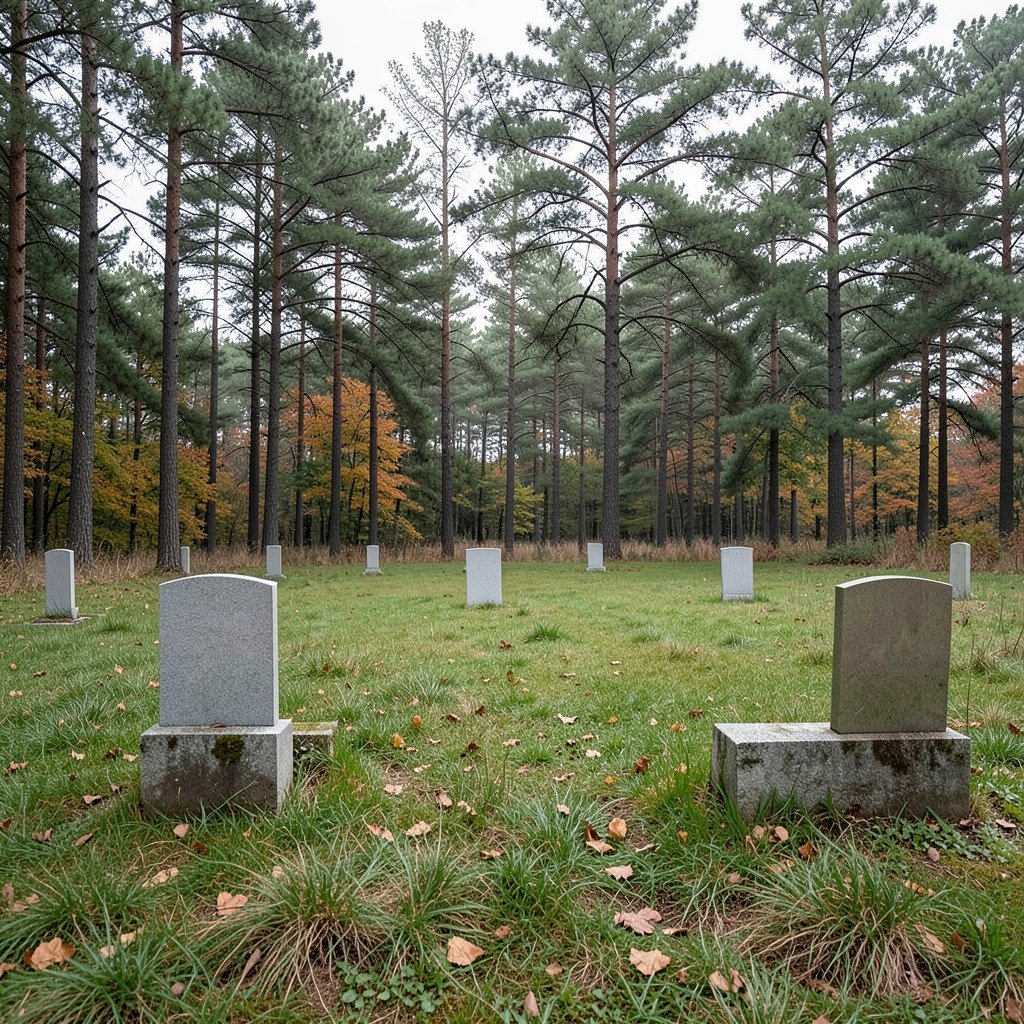 Minimalist gravesites integrated into a grassy meadow surrounded by tall pine trees, simple headstones flush with the ground, soft overcast lighting, peaceful autumn mood, no text, aspect ratio 1:1