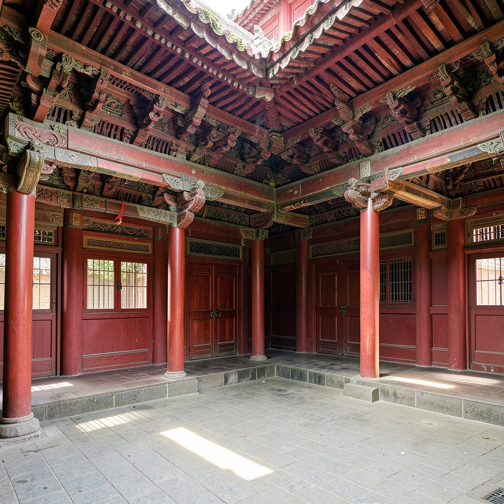 Detailed architectural view of the Kong Family Mansion in Qufu showcasing ornate wooden roofs red walls and courtyard natural lighting no people no text 1:1