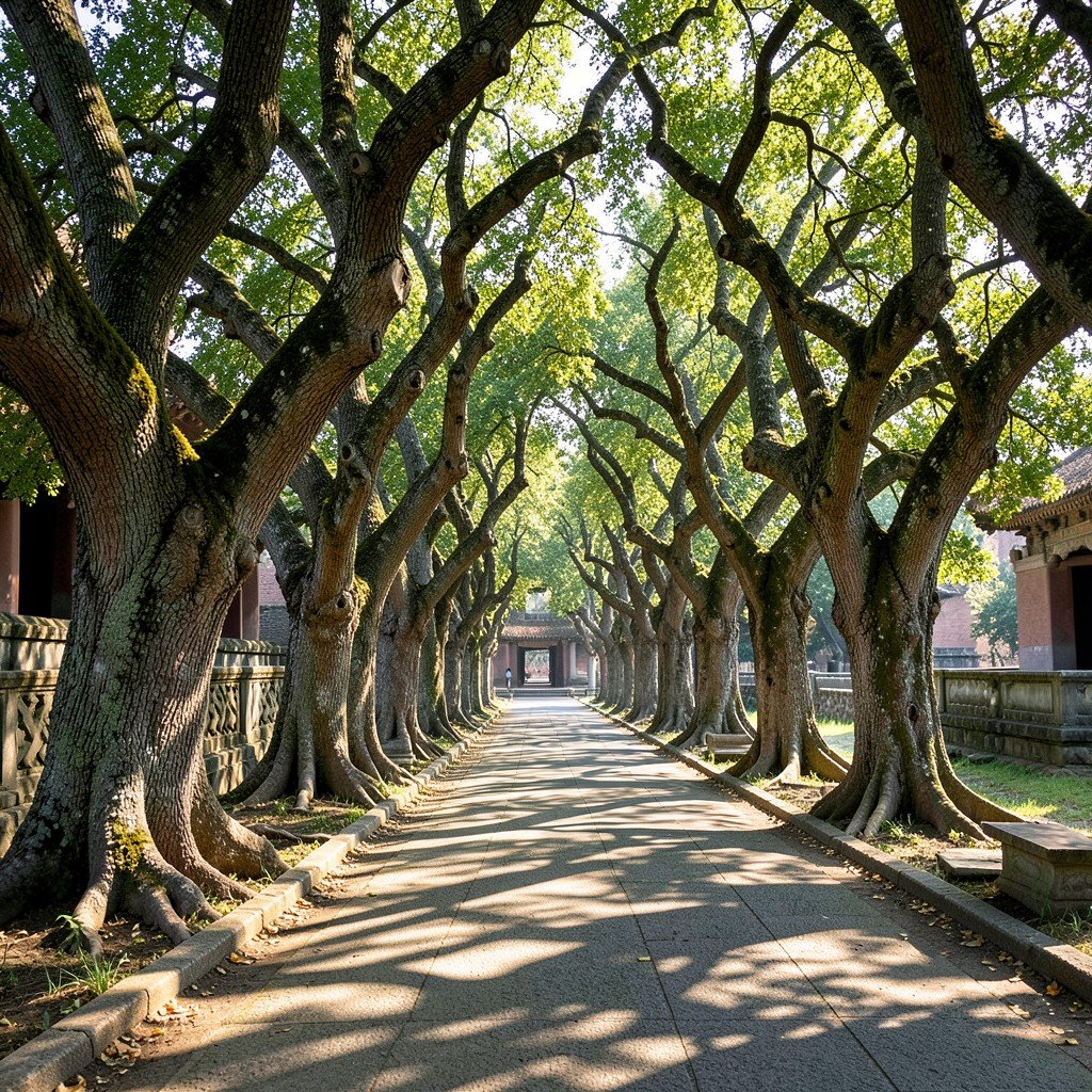 A serene pathway in the Cemetery of Confucius in Qufu lined with ancient gnarled trees dappled sunlight filtering through leaves no text no people peaceful atmosphere 1:1