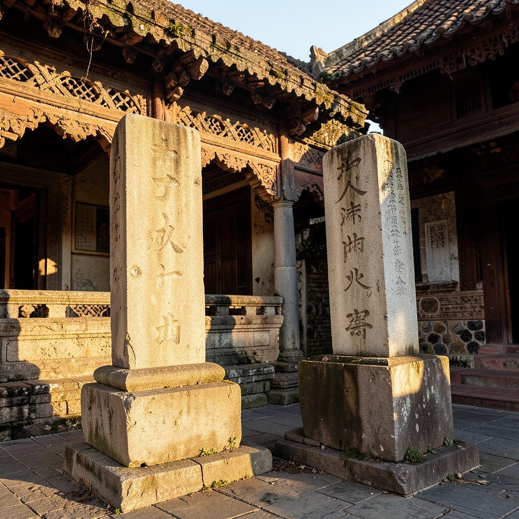 Stone steles and ancient buildings of the Temple of Confucius in Qufu with rich textured backgrounds and warm afternoon light no visible text 4:3