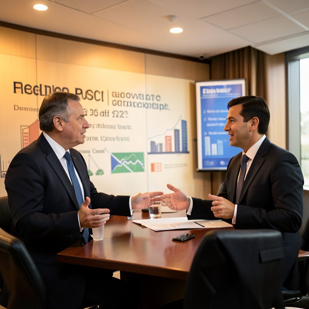 Business leaders presenting policy solutions and economic blueprints in a conference room, warm lighting, professional corporate photography, aspect ratio 4:3