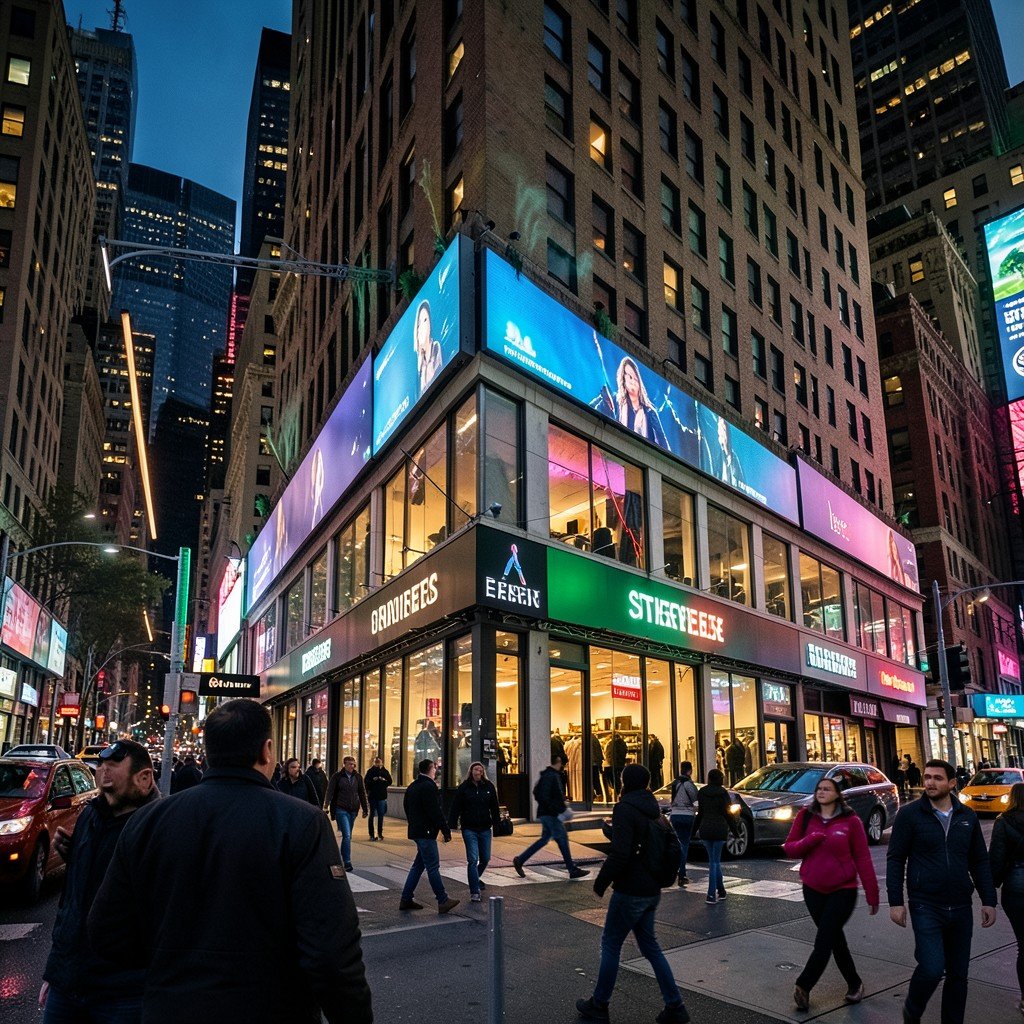 Wall street stock market building exterior with people walking by, cinematic lighting, financial district setting, realistic photography, aspect ratio 1:1