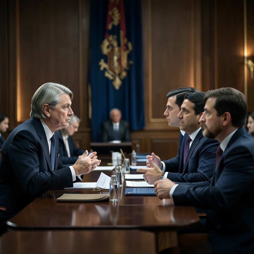 Politicians debating policy in a government chamber, serious atmosphere, realistic photography, cinematic lighting, aspect ratio 4:3