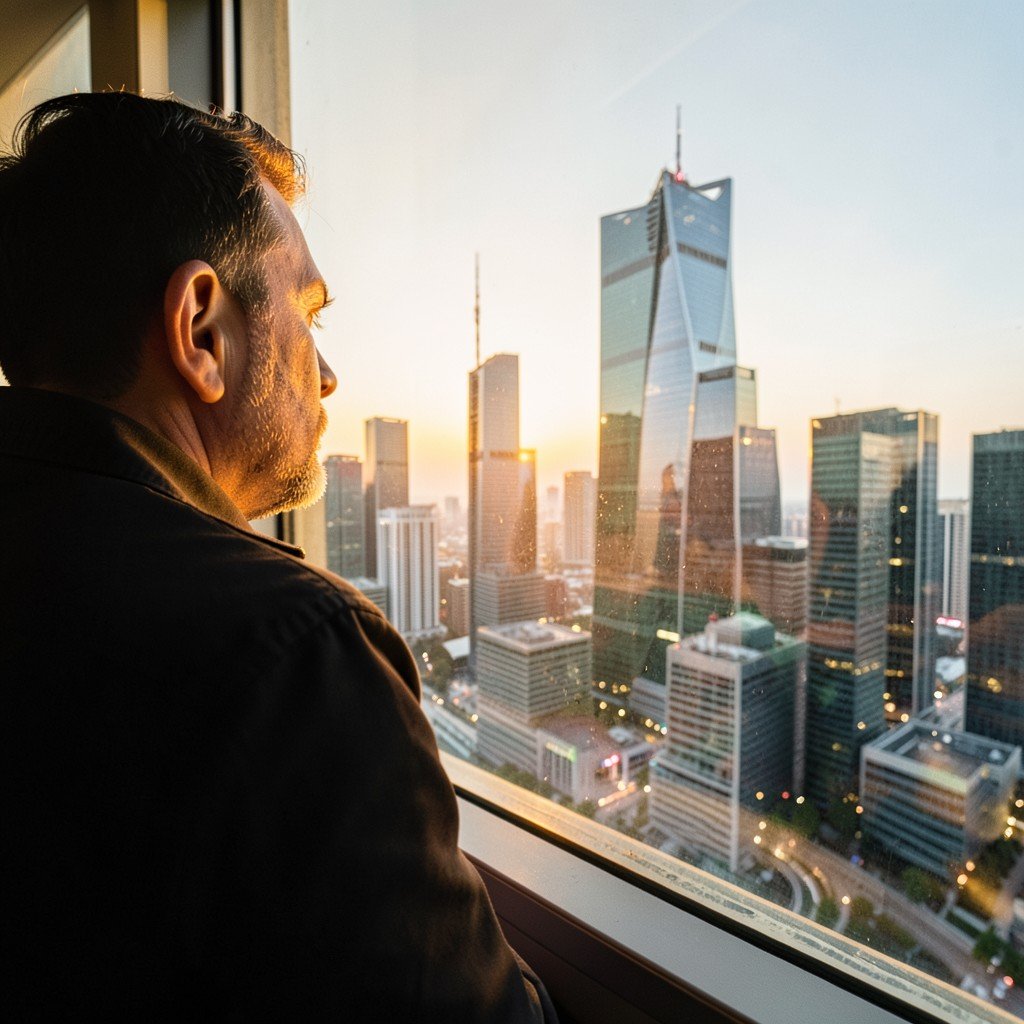 Person looking out a window at a high tech city skyline thinking deeply, warm lighting, cinematic atmosphere, realistic photography, aspect ratio 1:1