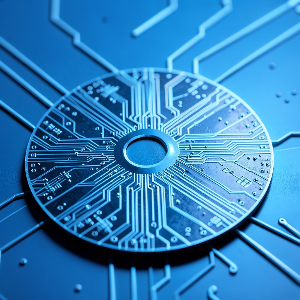 Close up of a silicon wafer with intricate microchip patterns, glowing circuitry, blue tone, clean tech background, high detail, aspect ratio 1:1
