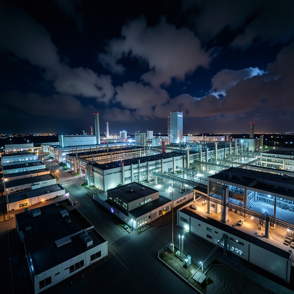 Wide shot of a massive high tech semiconductor manufacturing campus at night, illuminated buildings, dramatic sky, cinematic lighting, no people, aspect ratio 4:3