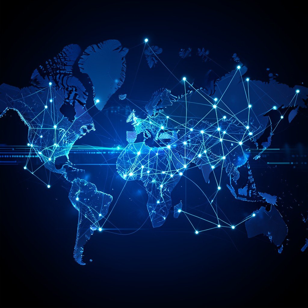 Abstract digital illustration of a glowing global supply chain network, connected nodes and lines across a dark blue map, data flow, no text, aspect ratio 16:9